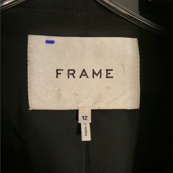 FRAME Wool Double Breasted Blazer Size 12 Noir Black Shoulder Pads Classic Chic - Picture 10 of 12